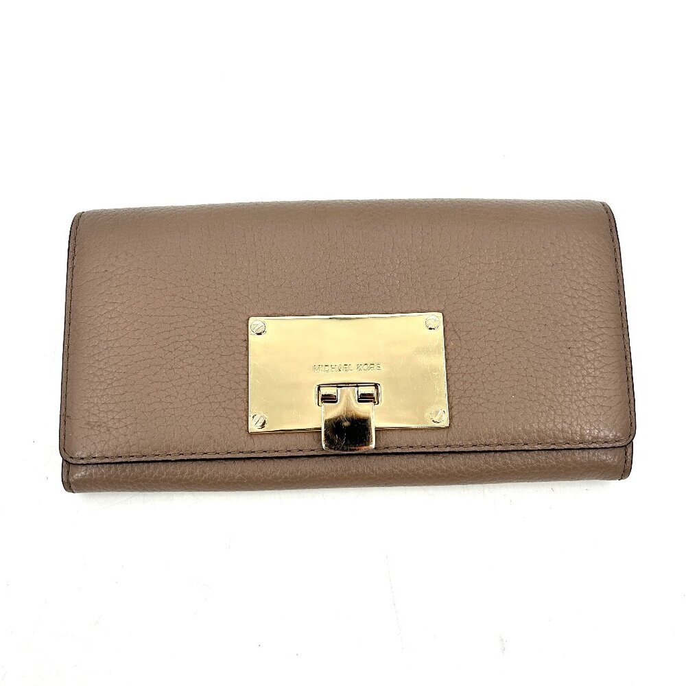 MICHAEL KORS Brown Taupe Mocha Peppled Leather Channing Carryall Bifold Wallet